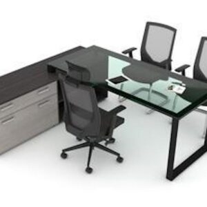 Escritorio Ejecutivo con Cubierta de Cristal y Península Tech SQ/Black Techno